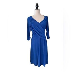 B-Slim faux wrap dress 3/4 sleeves a-line blue size M fall winter